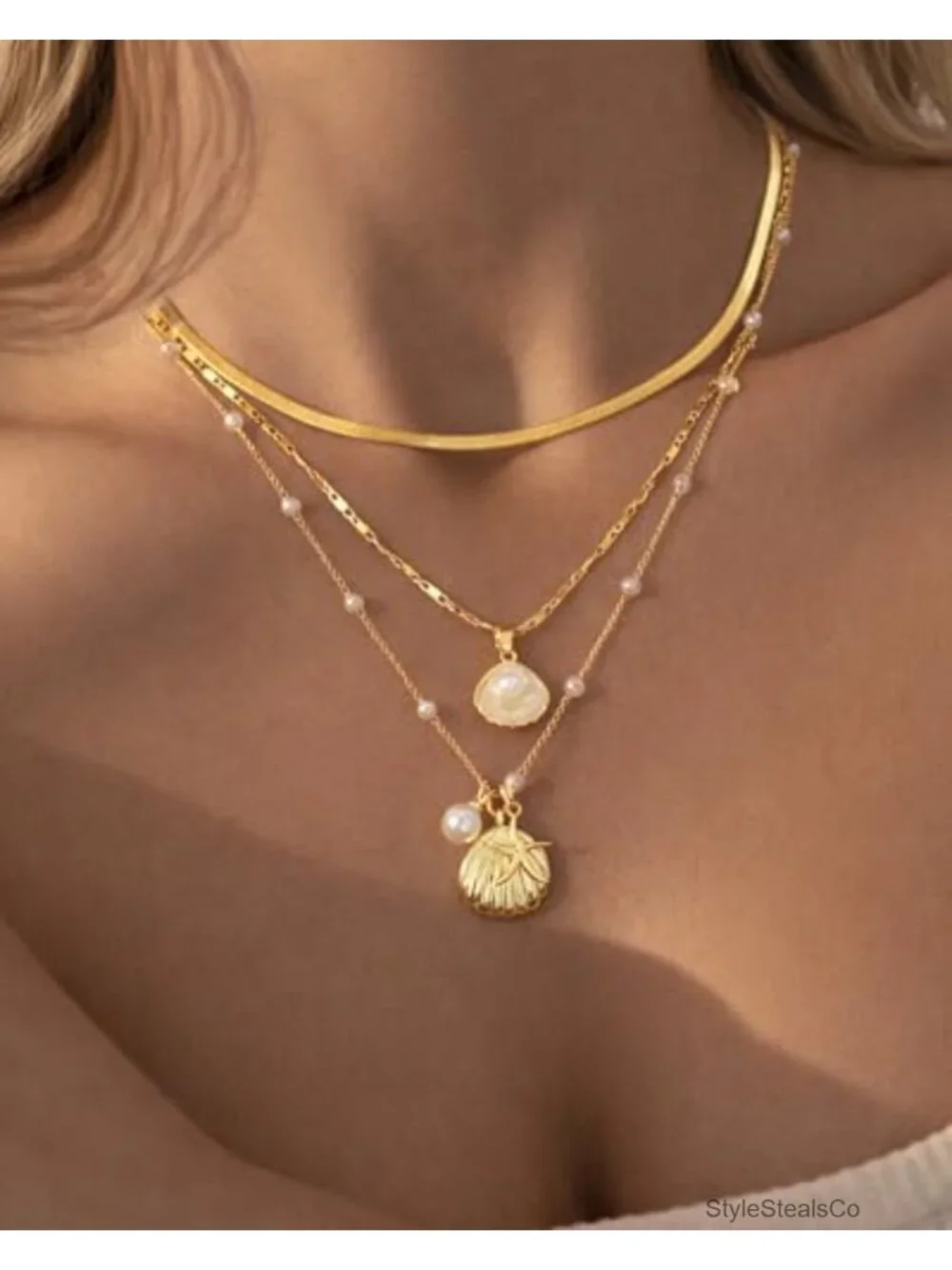 Layered Gold Plated Seashell Necklace Set with Starfish and Flower Pendants